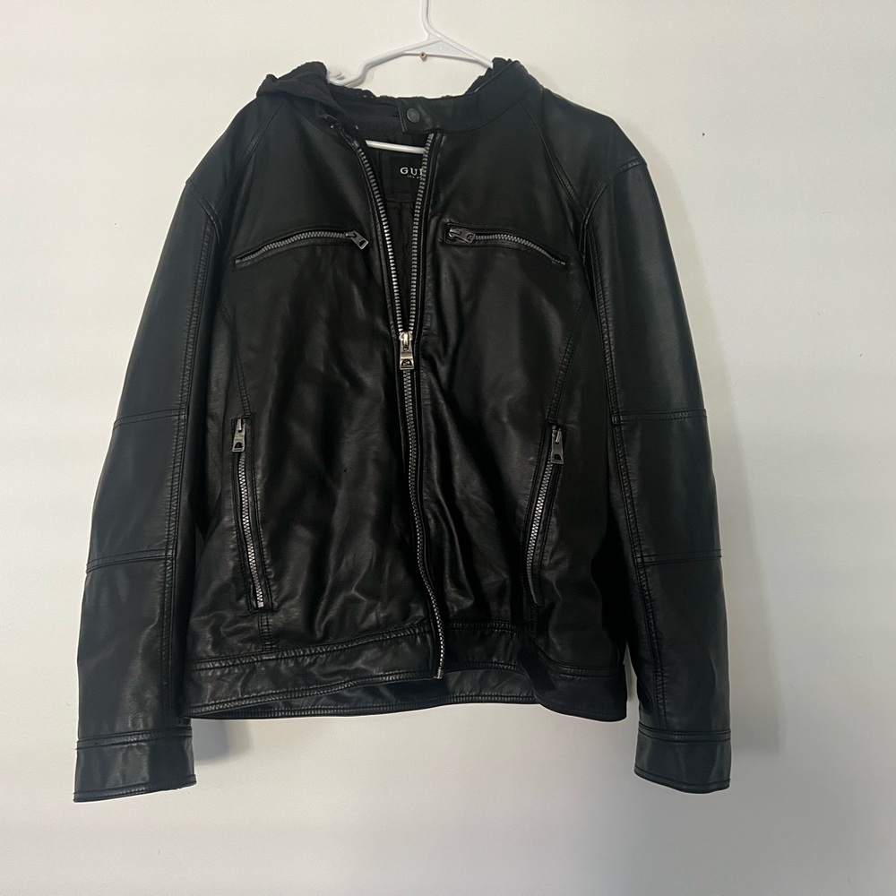 Guess Men's Black Faux Leather Hoodie Jacket Size XL